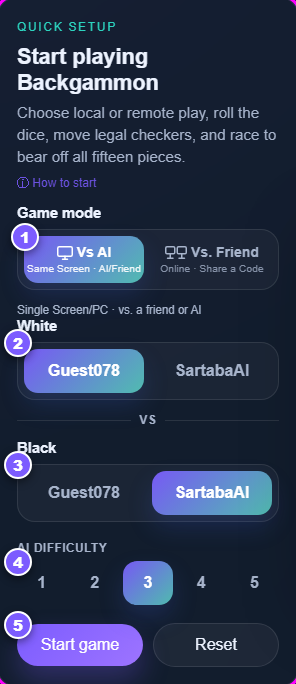 The backgammon quick setup panel with five numbered steps for starting a game against the AI