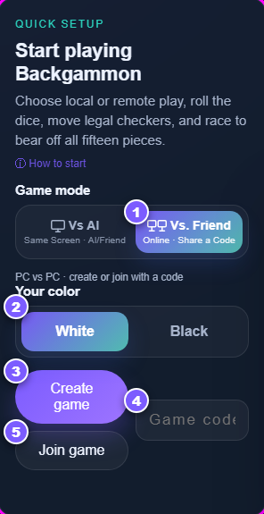 The backgammon quick setup panel in Vs. Friend mode with five numbered steps for creating and joining an online game