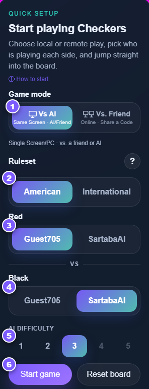 The checkers quick setup panel with six numbered steps for starting a game against the AI