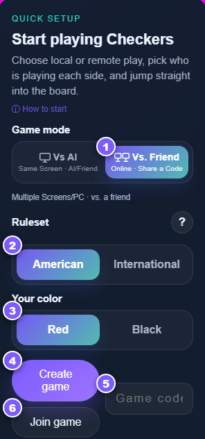 The checkers quick setup panel in Vs. Friend mode with six numbered steps for creating and joining an online game