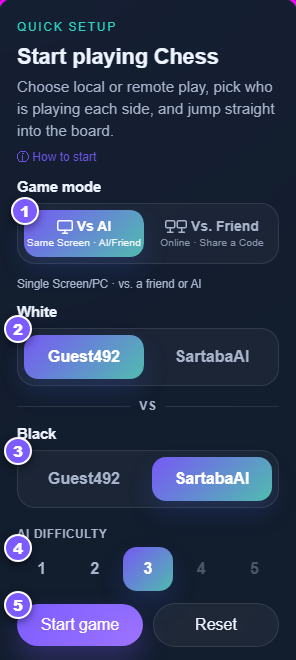 The chess quick setup panel with five numbered steps for starting a game against the AI