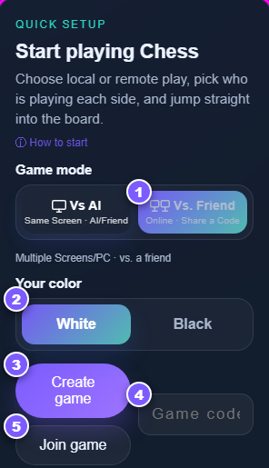 The chess quick setup panel in Vs. Friend mode with five numbered steps for creating and joining an online game