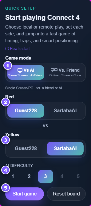 The Connect 4 quick setup panel with five numbered steps for starting a game against the AI