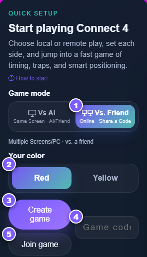 The Connect 4 quick setup panel in Vs. Friend mode with five numbered steps for creating and joining an online game