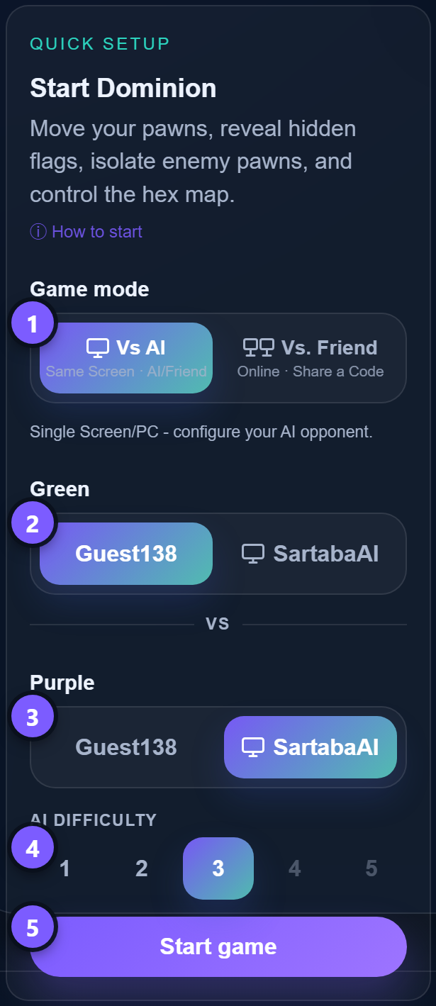 The Dominion quick setup panel with five numbered steps for starting a game against the AI
