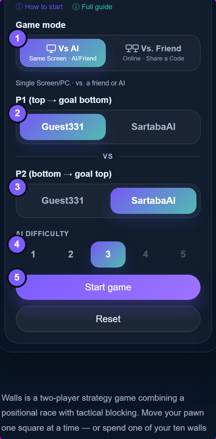 The Walls quick setup panel with five numbered steps for starting a game against the AI