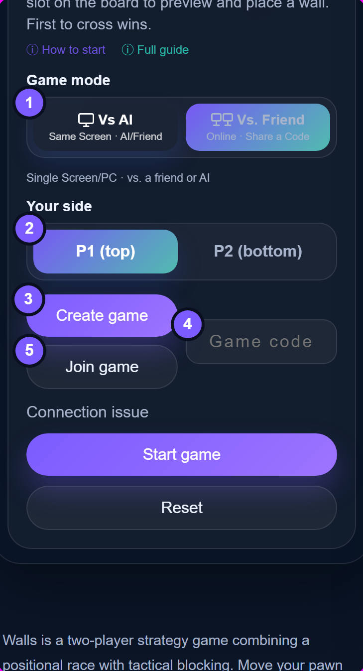 The Walls quick setup panel in Vs. Friend mode with five numbered steps for creating and joining an online game